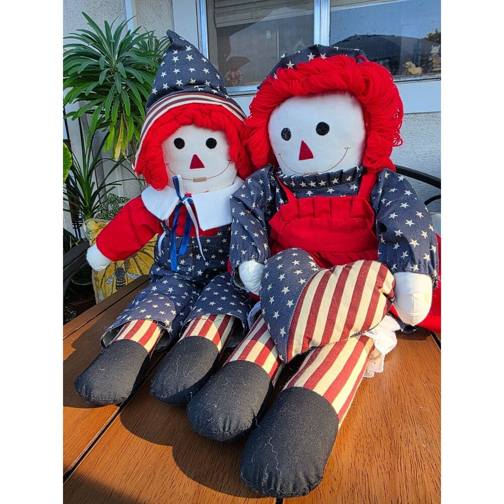 Vintage Patriotic Raggedy Ann Andy Dolls Handmade Red White Blue 19” Americana